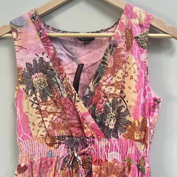 Chaudry Anthro Floral Tiered V-Neck Ruched Cinch Waist Dress Pink Boho NEW Small - Picture 2 of 5